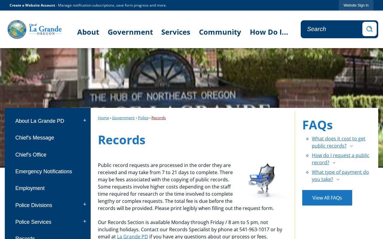 La Grande Police Department records request page