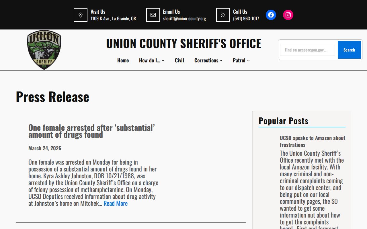 Union County crime news view of the UCSO press release archive
