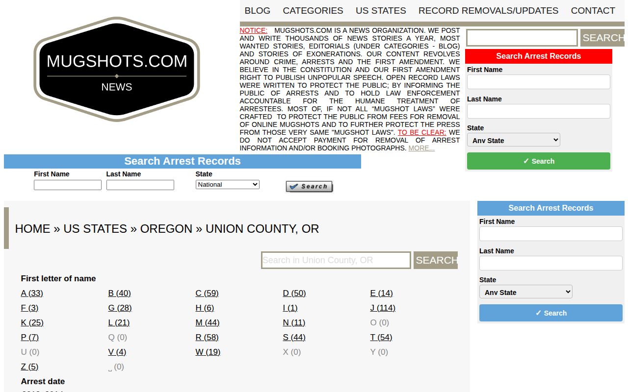 Union County mugshot news context showing the Mugshots.com Union County landing