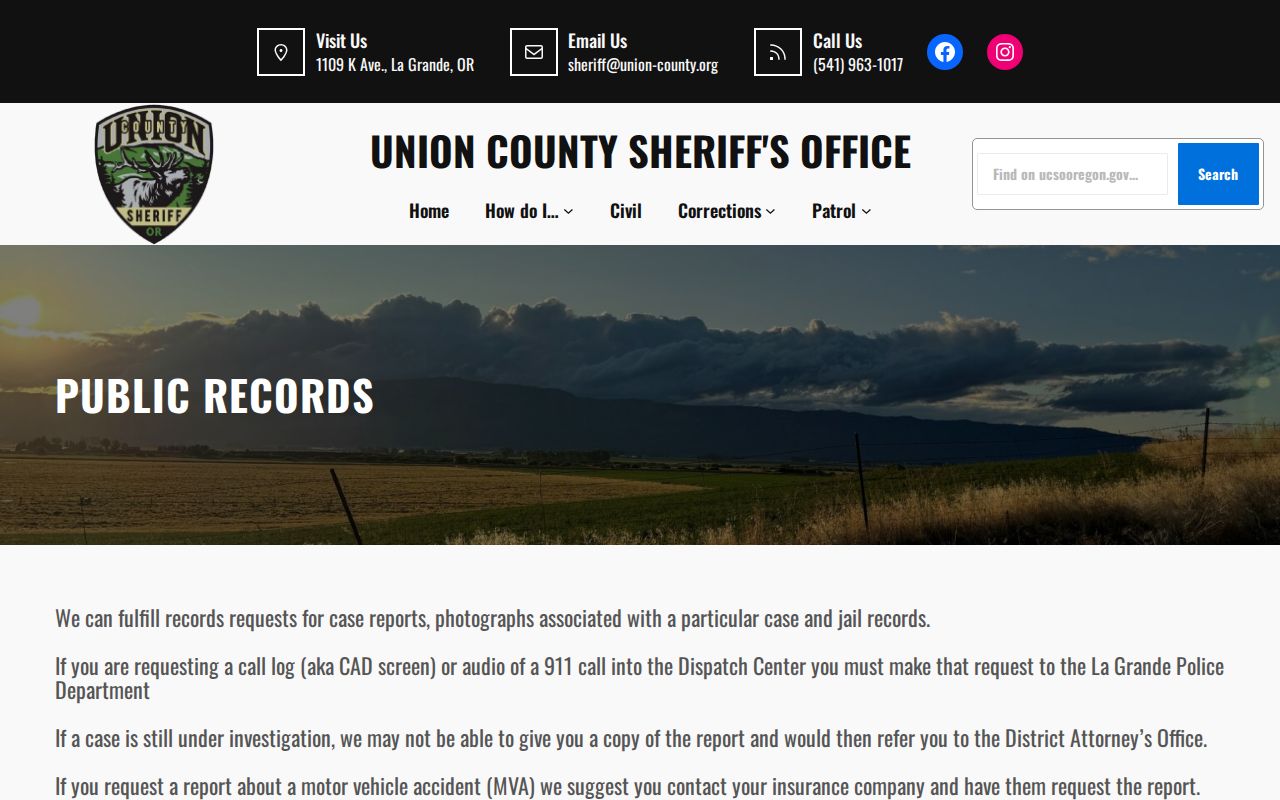 Union County Sheriff's Office public records request page
