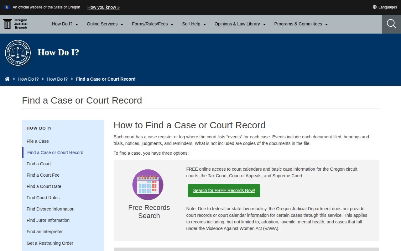 Oregon Judicial Department Find a Case or Court Record guidance page