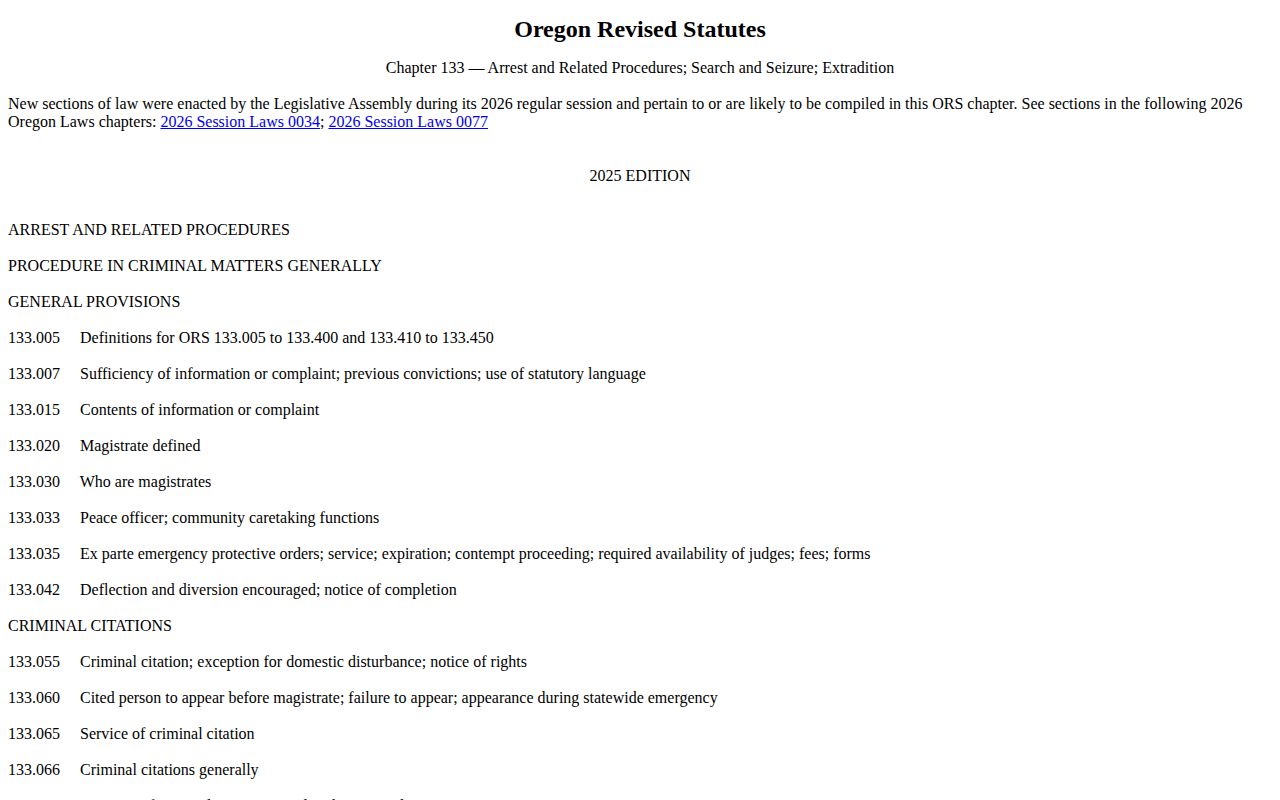 Oregon Legislature page for ORS chapter 133 booking-photo law