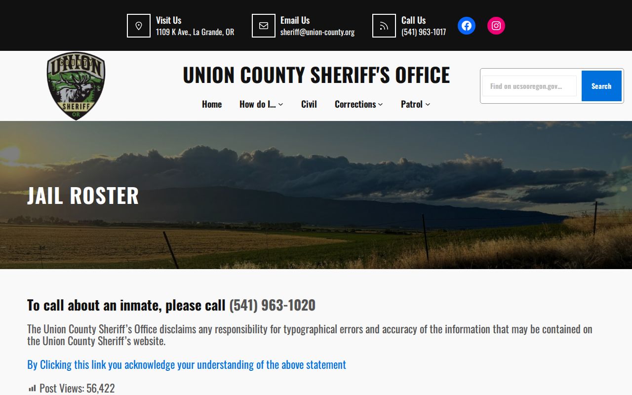Union County Sheriff's Office jail roster landing and disclaimer page